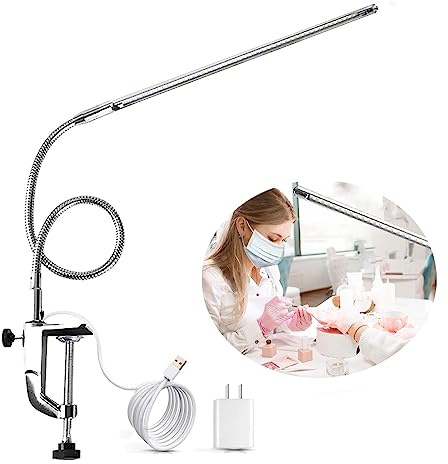 Brokimis Desk Light with Clamp, USB LED 8W Clip Nail Desk Lamp Eye Care Flexible Gooseneck 360° Clamp Light for Manicure Reading Eyebrow Office Tattoo