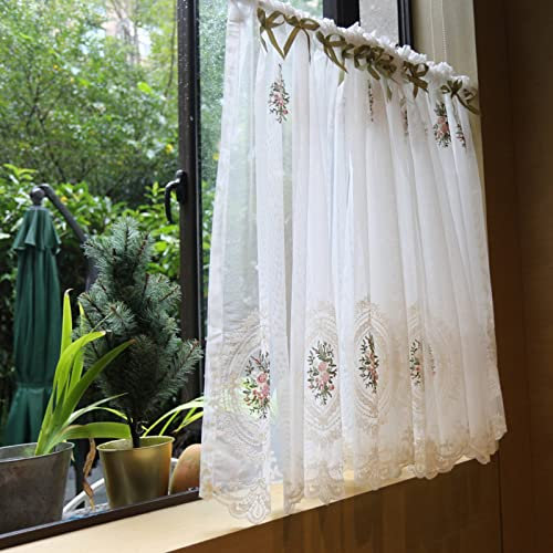 A.Monamour Short Kitchen Curtain for Small Window Pink Flowers Embroidered Transparent Lace Voile White Voile Bow Tie Half Curtain Tiered Curtains Bistro Coffee