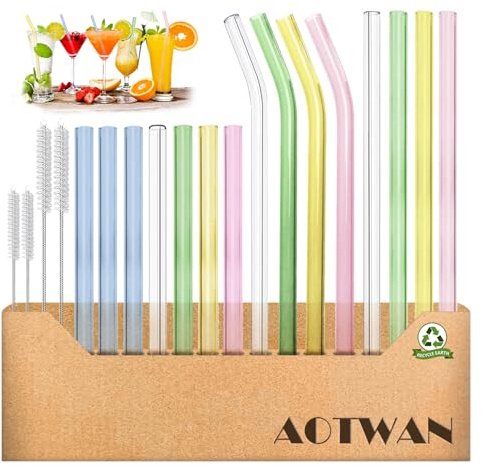 AOTWAN Glasstrohalme Bunt 19 Stück Bunte Strohhalme Glas Bunt,7 Kurz+4 Lange Geraden Glas-Strohhalme,4 Gebogenem Glas Trinkhalme mit 4 Reinigungsbürsten für Cocktails, Smoothie und Säfte
