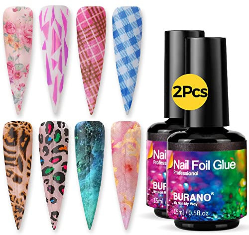 BURANO Transferfolie Nägel Nagelfolien Nail Art Foil Kleber Gel Nagelsticker Transferfolie Sticker Set, 15ml 2 Flaschen Nail Art Klebetransfer