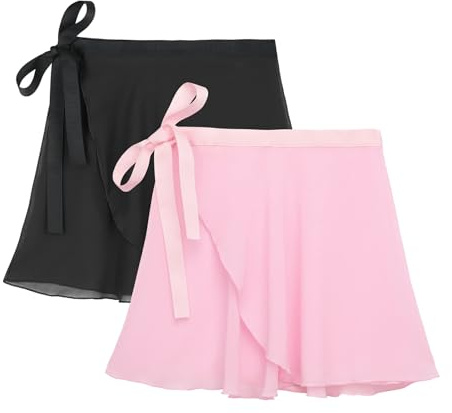 Zando Toddler Ballet Skirts for Girls, Wrap Ballet Skirt Women, Adult Chiffon Dance with Adjustable Waistband Black-Pink 10-12 Years 2 Pack
