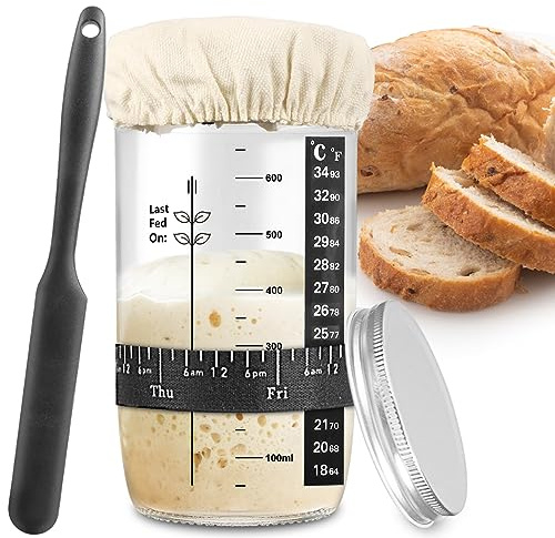 zunmial Sourdough Starter Jar 710ml, Glass Sourdough Starter Kit with Date Feeding Band, Thermometer, Cloth Cover & Metal Lid, Reusable Sourdough Bread Baking Supplies, Home Baking Supplies (3)
