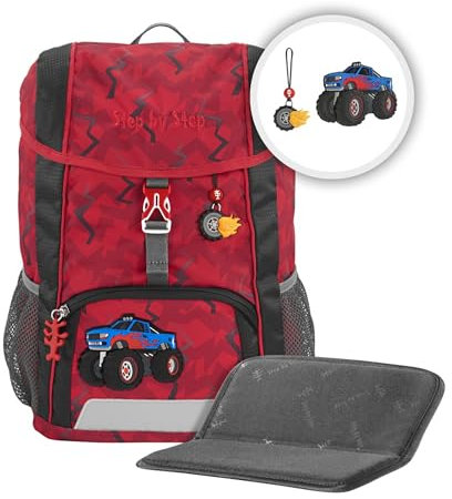Step by Step Rucksack-Set KID „Monster Truck Rocky“, mit Sitzkissen, ergonomischer Mini-Ranzen mit abnehmbarem Brustgurt, für Kindergarten, Vorschule und Freizeit, 13 l, rot- schwarz