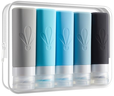 INSFIT 5 Pièces Flacon Voyage Silicone - 90ml Approuvés TSA - Tubes en Silicone Souples, Étanches Anti-Fuite Triple Couche & sans BPA pour Shampoing, Lotion, Savon - avec Étiquettes Incluses
