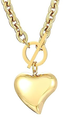 Mesnt Anhänger Halsketten, Edelstahl 9mm Kette mit massivem Herz-Anhänger Halskette 46cm für Damen Gold