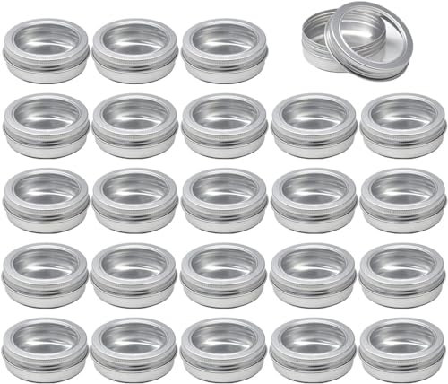 Leere Gläser mit Deckel, Kosmetikdose, B0CKBR5J4224 Stück, 150 ml, leer, rund, silberfarben, Aluminiumdosen, Dosen, Gläser mit Schraubdeckel, klares Fenster for Kerze, Kosmetik, Lippenbalsam, Salbe (F