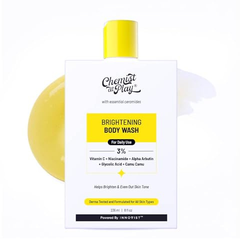 Chemist at Play Brightening Body Wash | Glowing Skin Vitamin C Bodywash | Helps to Reduce Fades Dark Spots, Evens out Skin Tone | Alpha Arbutin | 30X Vitamin C with Camu Camu | For Women & Men | 236ml
