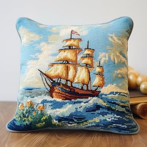 Taxpy DIY knüpfen set erwachsene Knüpfhaken-Sets für Erwachsene，Segelboot-Landschaft，Kissen，Stickerei，Bastel-Kissenbezug，Knüpfhaken-Kissenbezug 17x17in