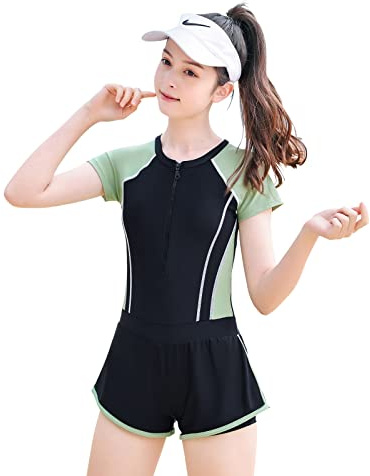 MEILONGER Girls Swimming Costume Swimsuits Kids One-Piece Short Sleeve Swimwear Rashguard Bathing Suits Quick Dry Dress Swim Shirts Size 8,10-12,14-16(Black Green,14-16)