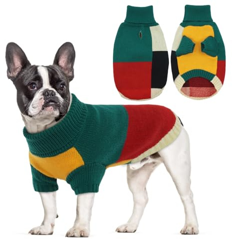 Hundepullover für mittelgroße Hunde | gestrickter Hunde Pullover warm für Winter mit Geschirrloch und Rollkragen | gemütlicher Hundepulli für Weihnachten | Französische Bulldogge, Forest Blend L