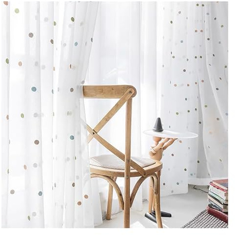 PSKJHN Bunt Punkte Transparent Gardinen, Stickerei Kinderzimmer Voile Vorhang Mit Ösen/Haken 2 Stück Für Wohnzimmer Schlafzimmer, W175xL140cm, Eyelet
