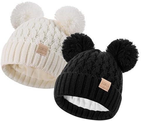 Vintermössa för småbarn, varm stickad fleecefodrad mössa för flickor och pojkar med pompom för 0–36 månader, 2-pack