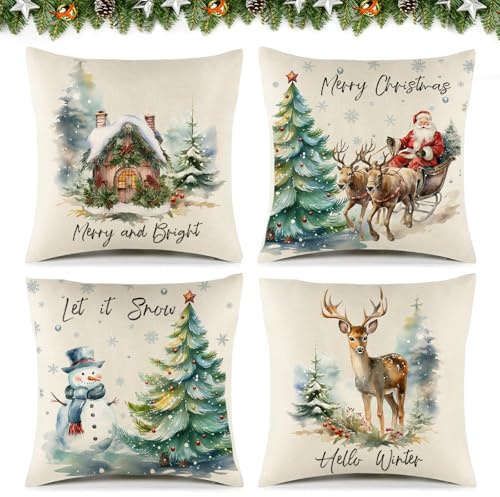VeIef 4 Stück Kissenbezug 40x40 cm Weihnachten, Leinen Dekokissen Kissenbezug Weihnachten, Weihnachts Kissenbezüge mit Motiven von Elch Schneemann Weihnachtsmann Holzhäusern (40x40)