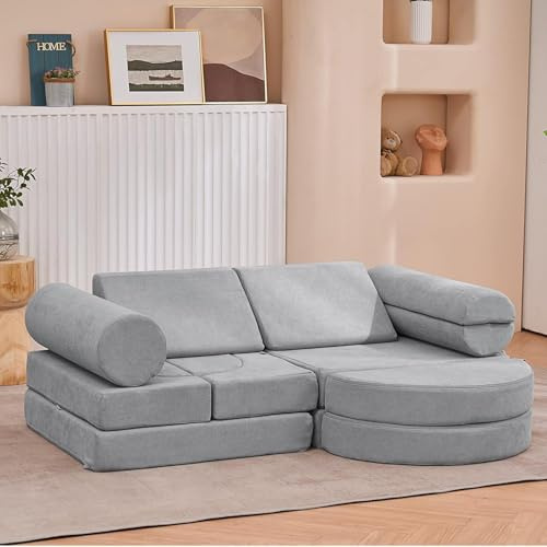 jela Kindercouch，14-Teilige Kids Kindersofa Spielsofa für Kinder, Modulares Kinder Sofa aus Schaumstoff, Kuschelecke im Kinderzimmer,zum Spielen,Kreativsein,Schlafen (Mondlicht Grau)