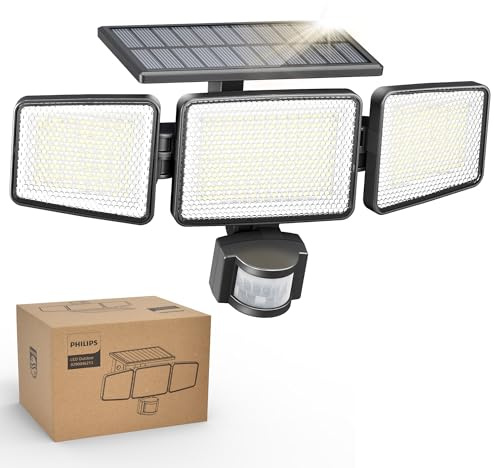 PHILIPS Solar Security Light Outdoor 302 LED 1200lm, Solar-Powered Waterproof Wall-Mounted Floodlight w/PIR Motion Sensor, 3 Heads, IP65 Waterproof, 3 Modes