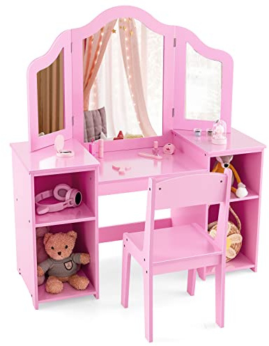 GYMAX Kids Dressing Table and Chair Set, 2 in 1 Children Vanity Table with Tri-Folding Mirror and Storage Shelf, Wooden Girls Make-up Dresser for Bedroom (Pink, With Chair: 32 x 32 x 65 cm)