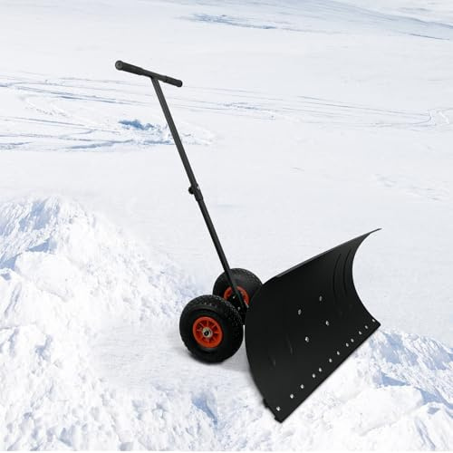 Schneeschaufel mit Räder, Erleichterung der Schneeräumung, Schneeschild 74 cm, höhenverstellbar - 5-Fach Schneeräumen, rückenschonender Schneeschieber, platzsparend zusammenklappbar