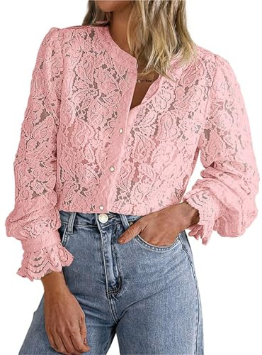 Festliga blusar damer elegant med spets: spets topp damer röd – spetsblus vintage v-ringad blusar tunika lös långärmad skjorta enfärgad spets toppar blus skjorta damblusar, Rd2, L