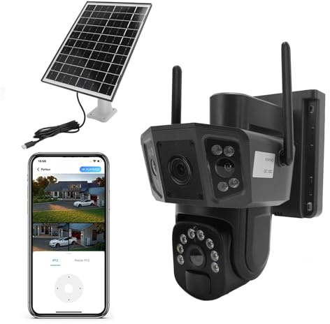 4K -Überwachungskamera mit Solarpanel, WiFi 4G, Dual -Objektiv, Farb Nachtsicht, 2 -Wege -Talk, 360 ° Pan 90 ° Neigung, Autoverfolgung, Bewegungserkennung, 8000mah für den
