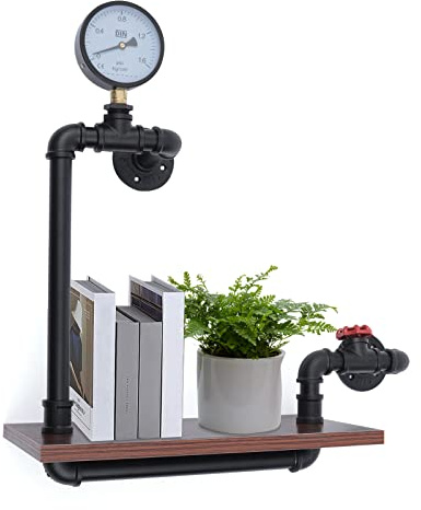 BAOCHADA Wandregal Hängeregal Bücherregal Industrie Rohrhalter, 1-stöckiges Schweberegal，Aufbewahrungsregal mit Ventil und Zähler Retro-Industrie Design Bis 25Kg 40×57Cm