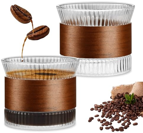 Juego de tazas de café de cristal de 150 ml, 2 tazas de capuchino con manguito de madera de nogal, vasos para espresso, té, moca y latte, tazas de café sin asa para los amantes del café (transparente)