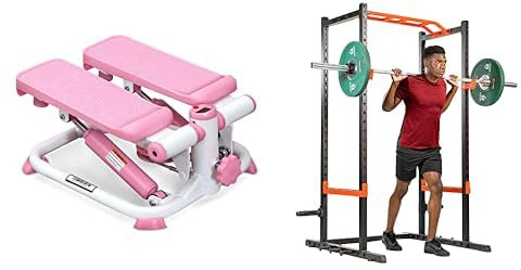 Sunny Health and Fitness Exercise Stepping Machine, Portable Mini Stair Stepper + Power Zone Strength Rack Power Cage - 455 KG Weight Capacity, Spotter Bar, Angled Pull-Up Bar