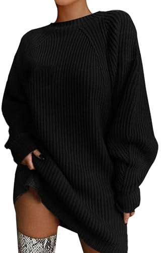 Generisch Damenpullover Langarm Winter Große Größe Strickpullover Damen Oversize Lang Langarmpullover Locker Grobstrick Strickkleid Einfarbig Rundhals Pullover Rippstrick Casual Pulloverkleid
