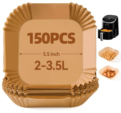 Fioxcomko 150PCS Air Fryer Liners for Cosori Small/Midea/Chefman Mini/Daewoo Compact 2L, 5.5Inch Square Airfryer Liner, Nonstick Parchment Paper for Small AirFryer Baskets