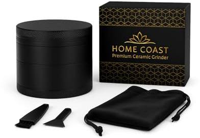 Home Coast Premium Keramik Grinder 4-teilig Schwarz – Kräutermühle mit Pollensieb, Nanokeramik-Beschichtung, Scharfes Mahlwerk, Inkl. Schaber & Bürste