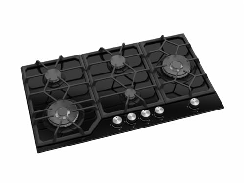 Avelis - 90cm 5 Burner Black Glass Hob with 2 Wok Burners