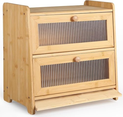 HAUSPROFI Two-Layer Bread Bin, Double Bamboo Bread Box, Large Capacity Bread Storage Bin with Stiped Window Door Pancel, Handle and a Cutting Board, Breads Storage Box for Kitchen Countertop, Natural