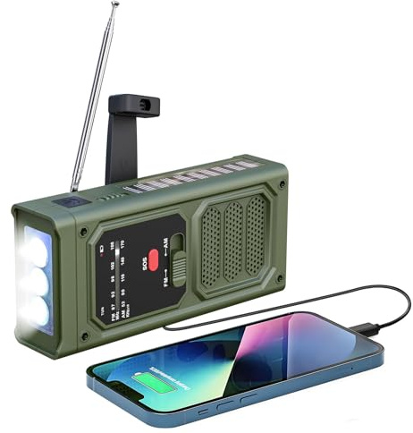 Kelenpro Kurbelradio, Notfallradio mit AM/FM Empfang, SOS-Alarm, LED-Taschenlampe, USB/Type-C 2000mAh Powerbank, Solar Radio mit Kurbel für Blackout, Camping, Wanderung & Notfälle-Militärgrün
