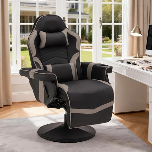 Consofa Relaxsessel Gaming Sessel mit Massagefunktion, Fernsehsessel mit Liegefunktion mit Höhenverstellbar,Gaming Sessel 90°–135° und Fußstütze,360° drehbarer Gaming Stuhl mit Getränkehalter(Gray)