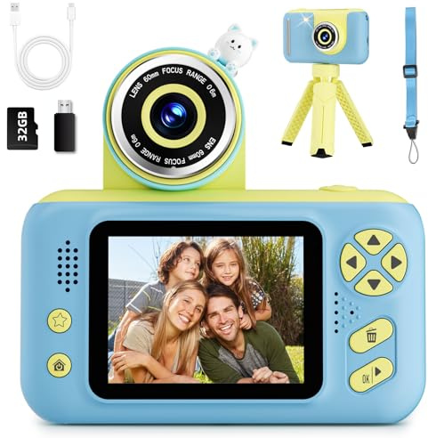 Appareil Photo Enfant 3-12 Ans HD avec Écran | Caméra Numérique Selfie, Mini Trépied et Carte 32Go, Jouet Éducatif pour Fille et Garçon