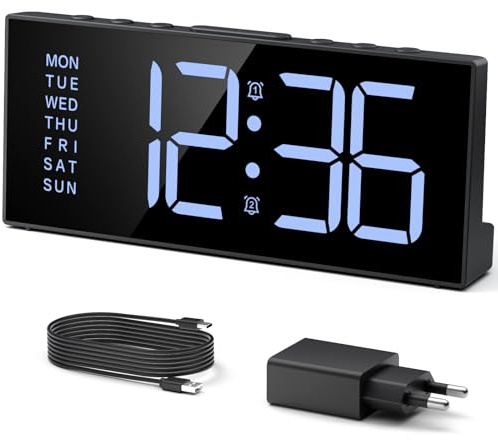 LATEC Sveglia Digitale da Comodino con Schermo LCD da 7 Pollici, Doppia Sveglia, Porta USB, Display Regolabile 5 Livelli Luminosità, Alimentazione AC con Batteria di Backup – Moderna e Facile da Usare