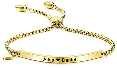 MeMeDIY Pulsera de corazón Personalizada Nombres de Grabado para Mujeres Niñas Regalos de Dama de Honor de Enlace de Tobillo Ajustable de Acero Inoxidable Pulseras de Mejor Amigo(Color Dorado)