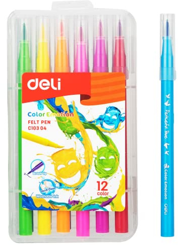 deli Filzstifte Set für Kinder & Erwachsene – 12 Farben, Waschbare Tinte, Dicke & Dünne Spitzen, Malstifte für Schule & Hobby, Ideale Stifte zum Zeichnen & Malen