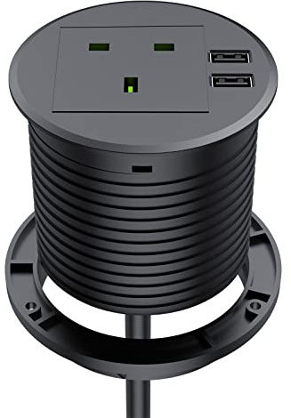 Desk Socket with USB, Haylink Desk Grommet 80mm Cut-Out Hole Cover with 1 UK Plug, Power Socket Grommet Connect 6.56ft Extension Cord(Black)