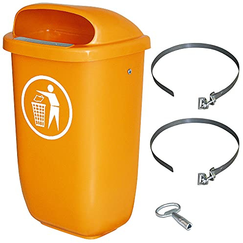 Cubo de Basura para Exteriores, Contenedor de Basura Grande de 50 Litros, Papelera según DIN 30713, en Juego Completo con Abrazadera para Fijación de Poste