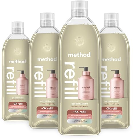 Method Premium Gel Hand Soap Refill, Vanilla + Raspberry, Recyclable Bottle, 34 fl oz (Pack of 4) (Packaging May Vary)