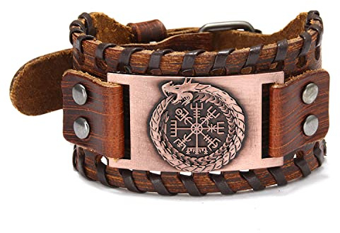 Mayting Bracelet en Cuir Viking Dragon Nordique Campas Large Manchette Bracelet en Cuir Véritable Bracelet Vintage Bracelet pour Hommes