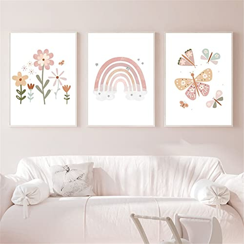 EXQULEG 3er Set Wandbilder Kinderzimmer Babyzimmer Poster,Regenbogen Sonne Wolke Blumen und Schmetterlinge,Bilder DIN A4 Mädchen Jungen Boho Deko Dekoration (BDE)
