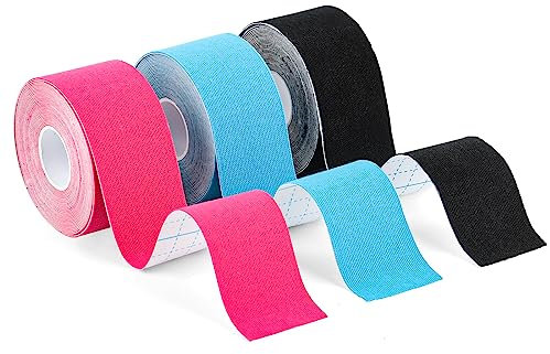 Kinesio tape, 3 Rollen (5m x 3.8cm) Kinesiology Tape Blau + Rosa+ Schwarz, wasserfestes & elastisches Kinesiotape, wasserfest, hautfreundlich, für Schulter und Ellenbogen,Muskelstraffende Bänder