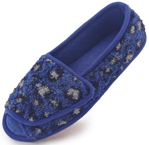 Git-up Diabetic Slippers for Women Memory Foam Arthritis Edema Adjustable Open Toe Swollen Feet Slippers Bedroom House Indoor Outdoor Shoes with Rubber Sole UK/7 BLUE LEOPARD