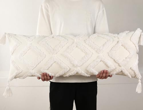 PANOD Decorative Long Lumbar Pillow Cover 14x36 Boho,Super Soft Chenille Extra Long Lumbar Pillow Case Cover with Tassel for Bed Sofa Couch Farmhouse Livingroom,White,Modern Skinny