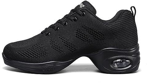 Fenlogft Women's Breathable Air Cushion Jazz Dance Shoes Lace Up Mesh Sneakers Athletic Walking Dance Thick Soled (Black,6)