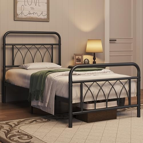 Yaheetech Bettrahmen Vintage Metallbett mit Lattenrost, Einzelbett/Doppelbett Minimalistisches Bettgestell mit Hohem Kopfteil & Petalummuster, Gästebett Jugendbett aus Metall Schwarz/90 x 200 cm