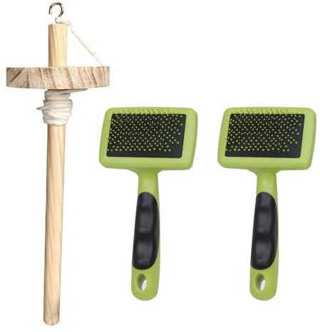 2 Stück Kunststoffwolle Carder mit Tropfspindel Hand Carders Spinn Zupfbürste Wollpinsel Handgeschnitztes Holzwerkzeug Nadelfilzwerkzeuge für Garn Weben Mischen