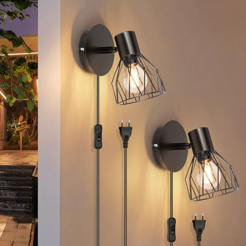 Kimjo Wandlampe mit Schalter und Stecker, E14 Wandleuchte Innen, 2 Stück | Wandleuchte mit Schalter Vintage, Wandstrahler Innen Schwenkbar , Wandlampe Schlafzimmer mit 1.5m Kabel, Ohne Leuchtmittel