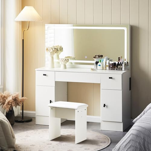 CLIPOP Ampio tavolo da toilette con specchio e illuminazione regolabile, Tavolo cosmetico con stazione di ricarica, 3 cassetti, 2 armadi, Tavolo da trucco con sgabello (DR-0459)